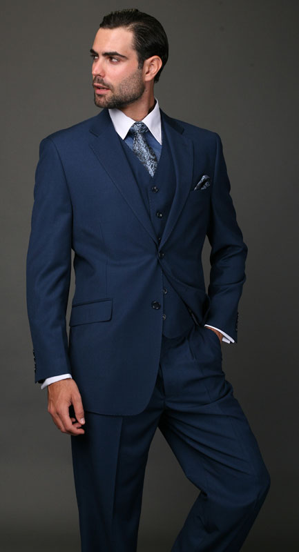 Classic 3pc 2 Button Men's Suit Solid Cobalt ~ Indigo ~ Brig