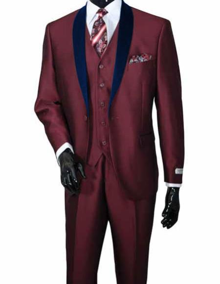 Mens 2 Piece Two Toned Shawl Lapel Vested Burgundy Wine