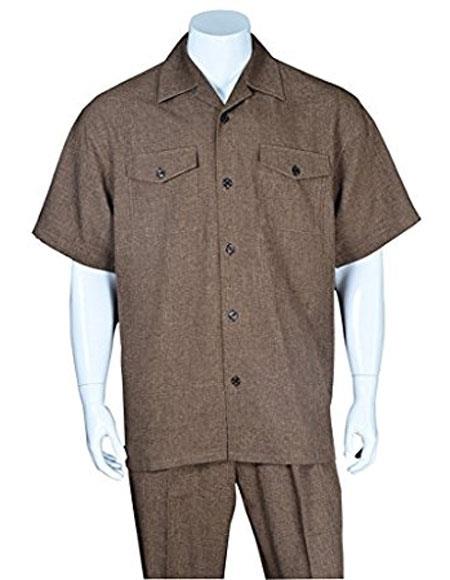 Men's Casual Brown Short Sleeve Two Pieces Casual Two Piece Walking Outfit For Sale Pant Sets Suits with Matching Pleated Pants