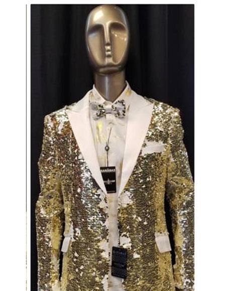  Men's Fashion White ~ Gold Shiny Sequin Paisley Blazer Sport coat Tuxedo Jacket 