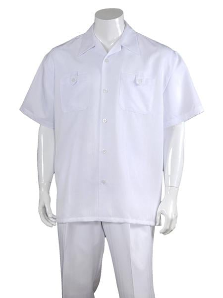 Men's Solid Casual 100% Polyester 5 Button Short Sleeve Casual Two Piece Walking Outfit For Sale Pant Sets Suits White