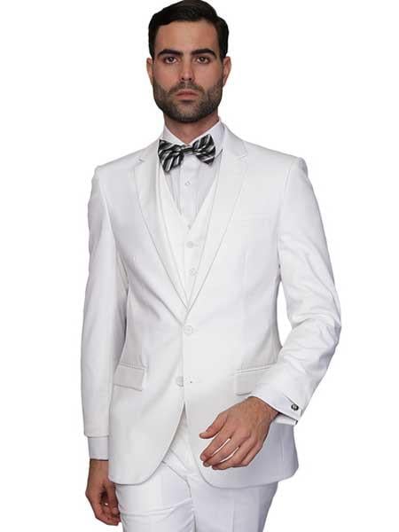 Mens White Italian Wool  3 Piece Slim Fit Vested Suit