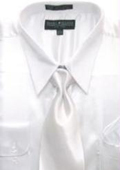 
SKU#AK124 Men's White Shiny Silky Satin Dress Shirt/Tie  