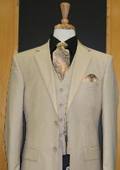 SKU#RE133 Two Button Three Piece Sand ~ Beige Khaki Color Flat Front three piece suit