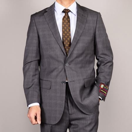 Men s Side Vented Jacket Flat Front Pants Grey Plaid Two-Butto ...