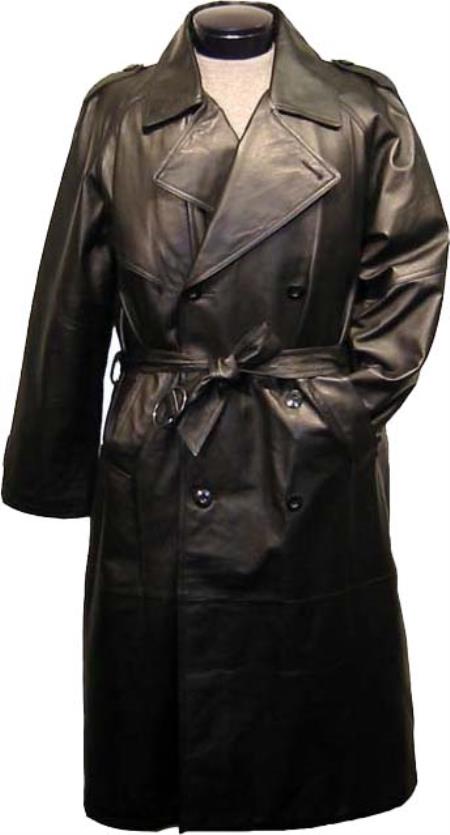 Leather Duster Men's Classic Trench Coat Cape and Epaulets Black
