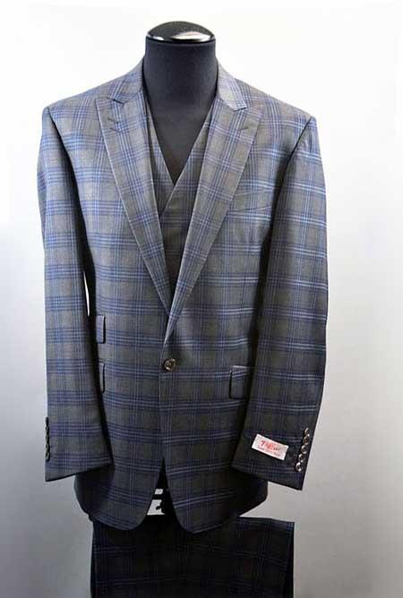 Mens Plaid Wide Leg Wool Suits Grey Blue Tiglio Rosso ...