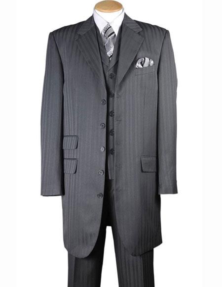 4 Buttons Notch Lapel Tonal Striped Three Piece Vested Gray Zoot Suit