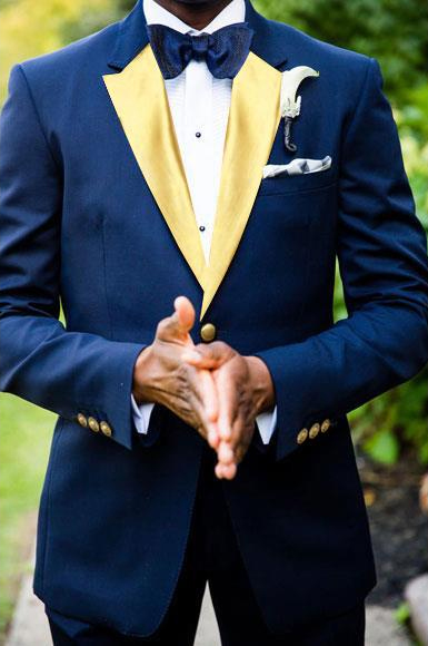 Mens Velvet fabric Navy Blue Two Toned Tuxedos With Gold Lapel Color ...