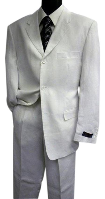 Men's Three Buttons Pure Linen Fabric White Suit