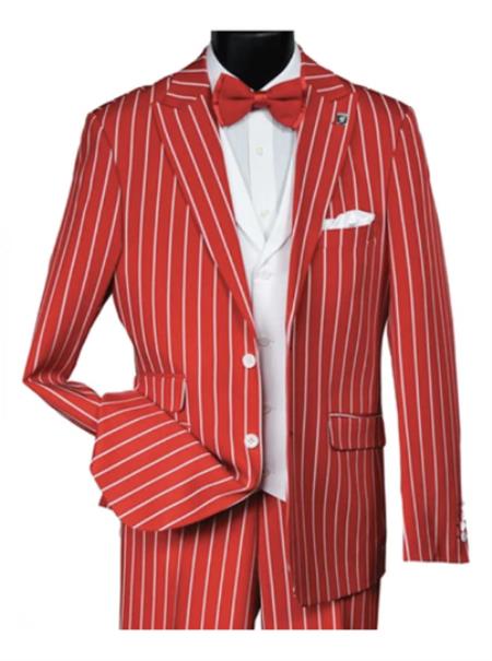 Men’s Dark Red & White Pinstripe 2 Button Vested Suit