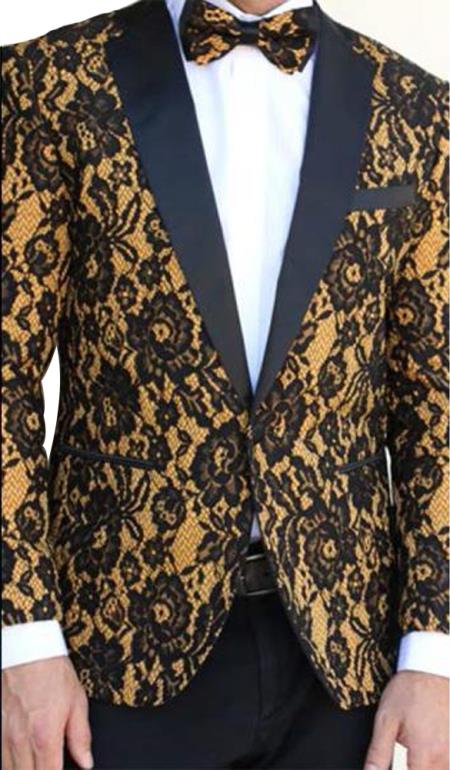 Mens Floral Designed Black Notch Lapel Black Gold Yellow Tuxedo