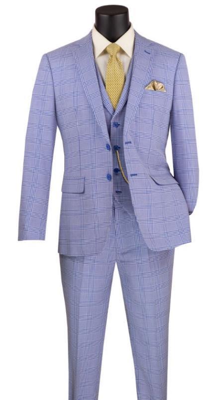 Men's Wedding - Prom Event Bruno Blue Modern Fit Suits 2 Button Square Pattern Suit