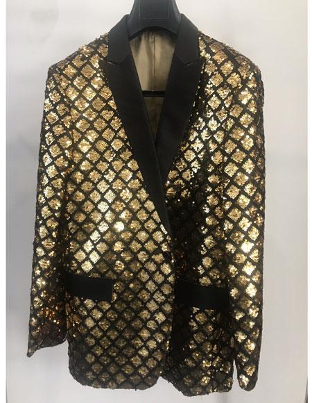Sequin patterned peak lapel flap front pocket black ~ gold shiny jacket for men