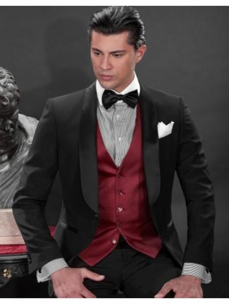 SKU#MO689 Mens Black Suit + Shirt + Red Vest & Tie Package