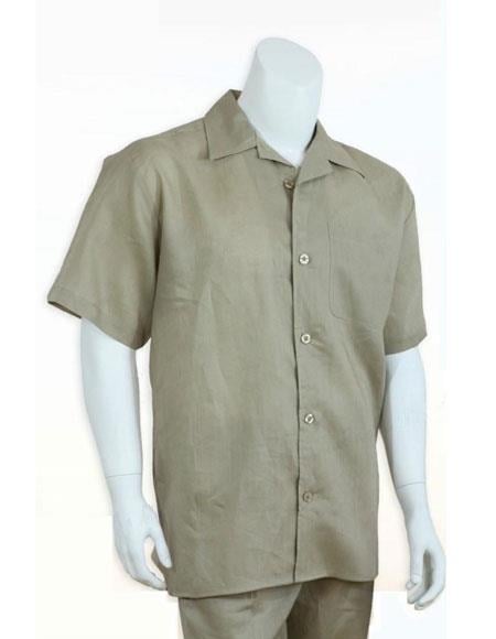 Men's 100% linen Casual Two Piece Mens Walking Outfit For Sale Pant Sets set (short sleeve shirt & long pant)  Khaki ~ Taupe Color 