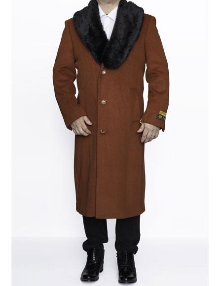 Men's Rust Removable Fur Collar Three Button Overcoat