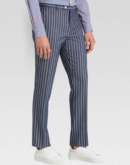 Men's Flat Front Pant White Pinstripe Slim Fit