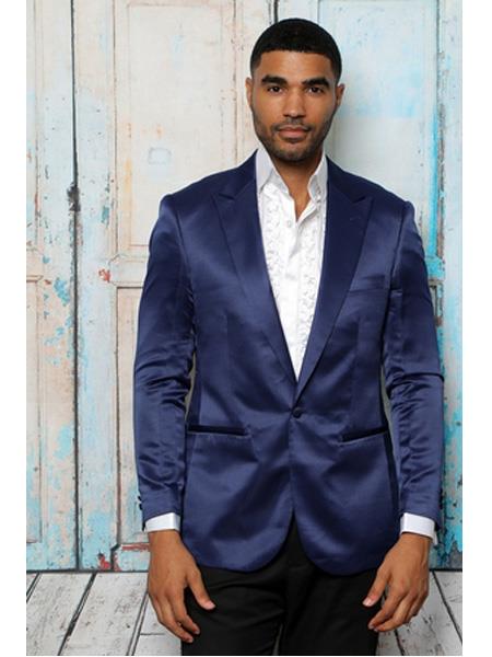  Men's Shiny Flashy Satin Solid Blazer ~ Sport Coat  Navy Blue  Available in 2 buttons 