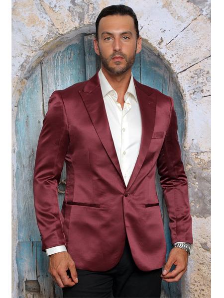 Men's Shiny Flashy Satin Solid Blazer ~ Sport Coat  Burgundy  Available in 2 buttons 