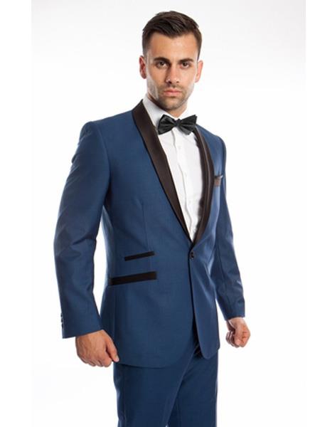 Men's 2 Piece   Prom Suit Slim Fit Shawl Lapel Blue Tuxedo