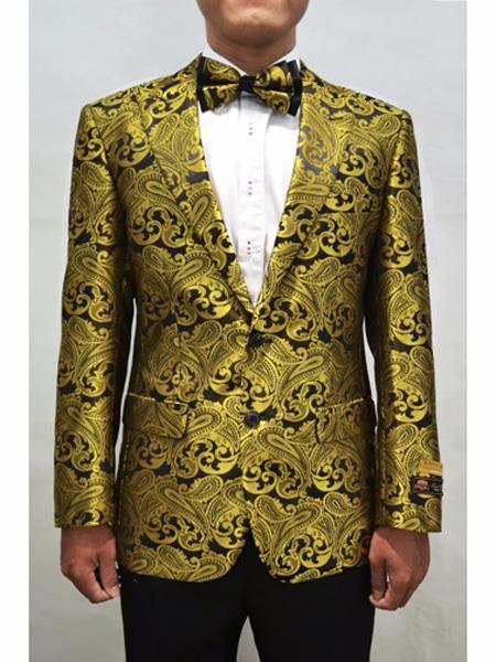 Men's Gold & Black Peak Lapel Paisley Pattern Prom Blazer 