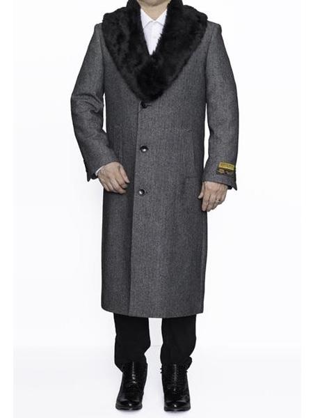 Mens Topcoat Mens Dress Coat Removable Fur Collar Full Leng