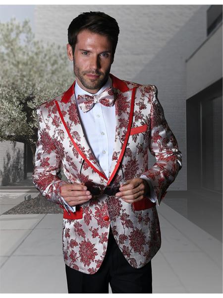 Sku#sr155 Mens Paisley ~ Floral ~ Flower Fancy White And Red Tuxedo 