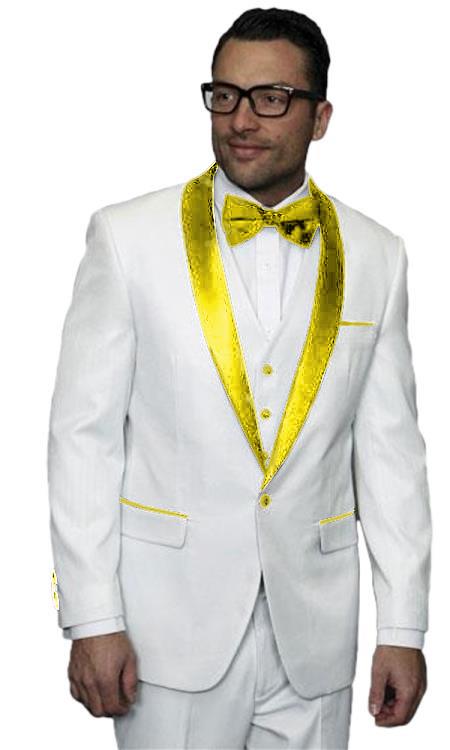 Men's White Tuxedo ~ Tux Gold ~ Yellow 3 Piece Jacket Vested Wedding Prom Suit