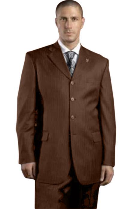 SKU#JA583 Mens Solid Brown Pinstripe ~ Stripe 4 Buttons S