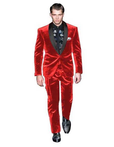Men's Red Color Tuxedo Shawl Black Lapel Velvet Wedding Party Dinner - Red Tuxedo