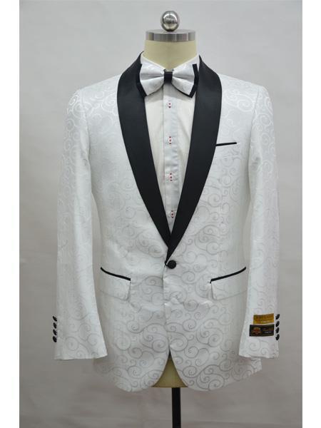 Men's White ~ Black One Button Suit Burgundy Tuxedo