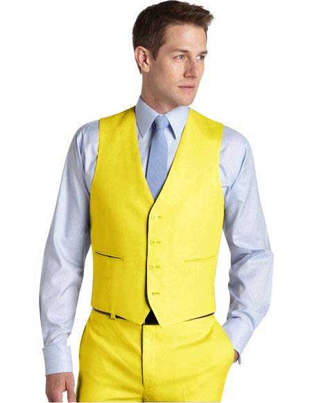 4 button front V-neck stylish yellow waistcoat with flat fro