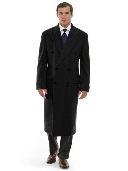 DBCoat Men's 44 Inch Long Length Black Double Breasted Wool Blend Overcoat