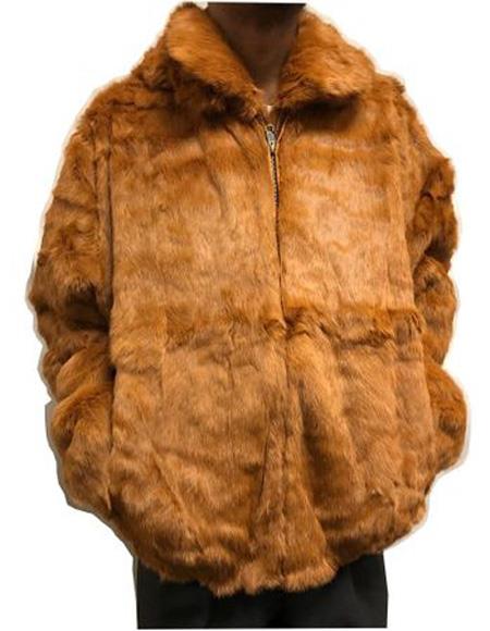 Mens Dress Coat Zip Up Style Rabbit Fur Hooded Jacket Rust