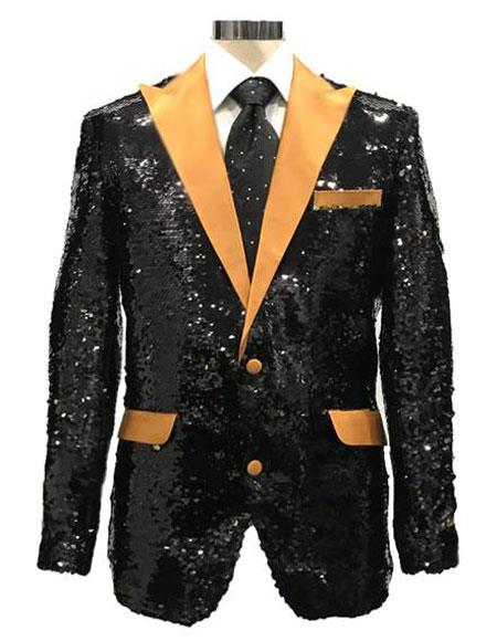 Men's Black ~ Gold Shiny Pattern Satin Peak Lapel Reversible Sequin Blazer