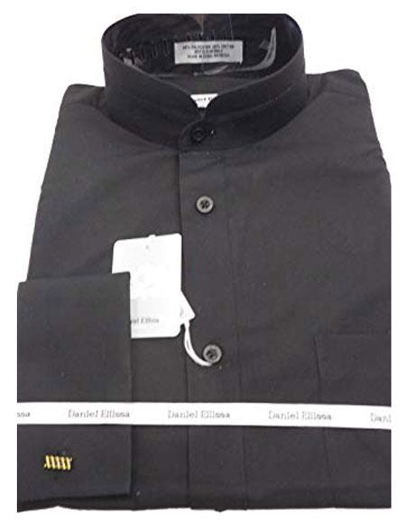 Daniel Ellissa Men's Collarless French Cuff Black Men's Dress Shirt