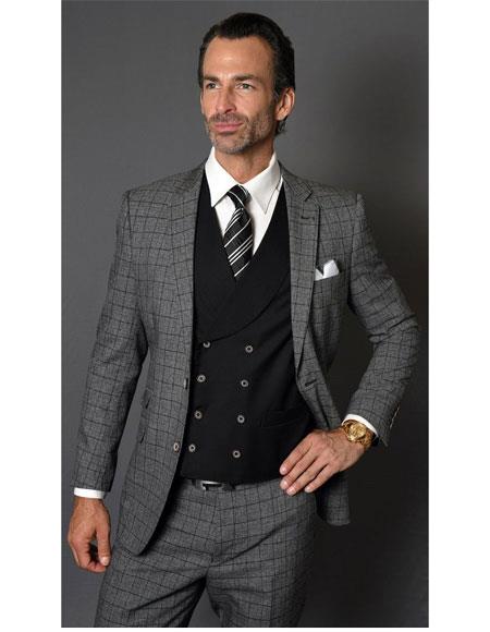 Mens Checked Pattern Two Button Charcoal Suit