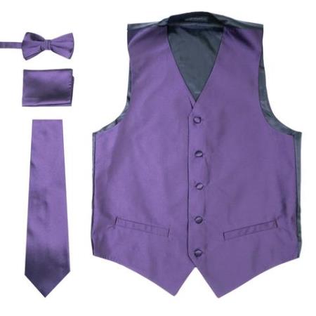 Men's Solid Purple V Neck 4PC Big and Tall Waistcoat 