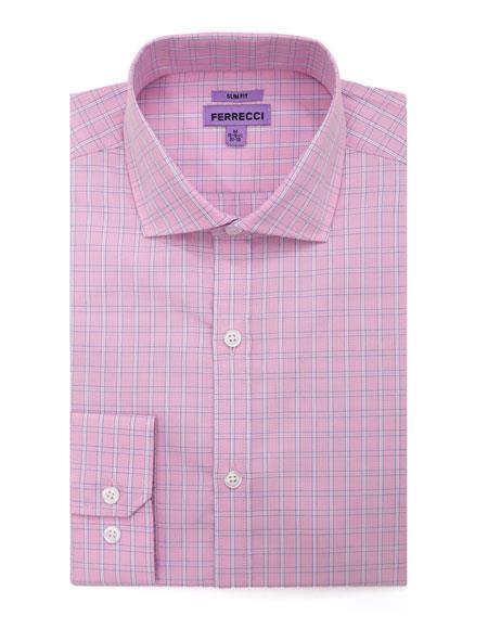 Men's Pink Spread Collar Slim Fit Checked Pattern Cotton Shi