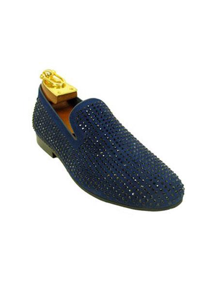 Mens Carrucci Shoes Tuxedo Shoes Blue Slip On Cap Toe Black Rhinestone Studs Men's Shoes 