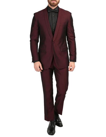 Men's Burgundy Slim Fit Slim Fit One Button Tuxedo Vest