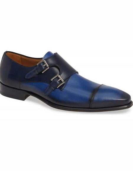 Men's Blue Double Monk Strap Leather Shoe- Men's Buckle Dres