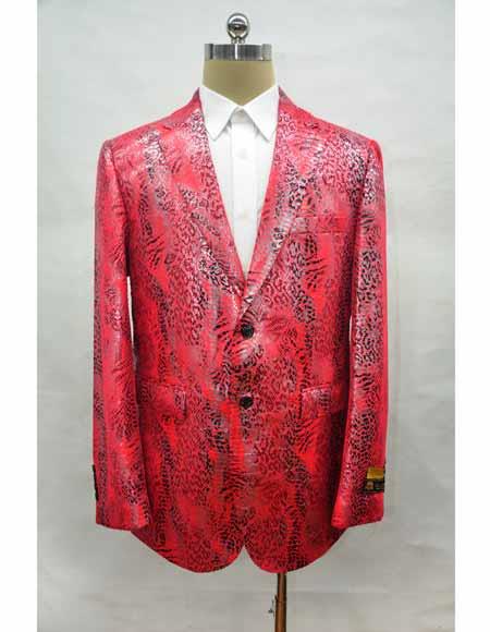 Men's Red Cuff Link Leather Printed Fabric Suit