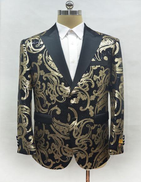 Men's Black and Gold One Chest Pocket Two Button Blazer