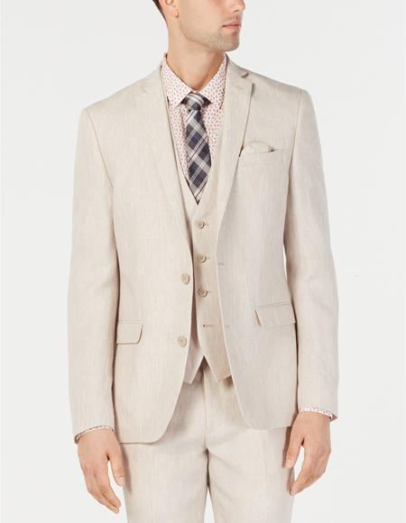 Men's Natural Sand Tan Khaki Linen Vested Suit by Alberto Na