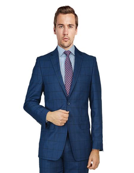 Men's navy blue blue windowpane themed notch lapel suit