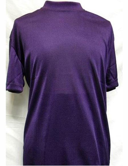 Men's short sleeve shiny silky fabric purple mock neck shirts