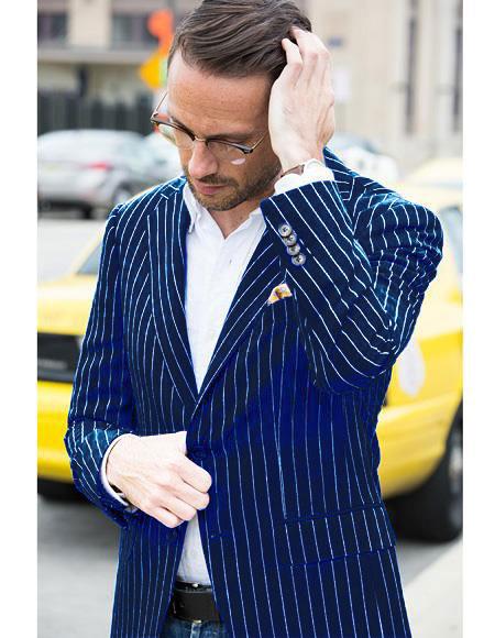 Men's Navy and Bold White Pinstripe Designer Fashion Blazer