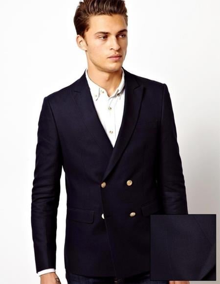 Men's Four Button Solid Navy Men's Double Breasted Suits Jac